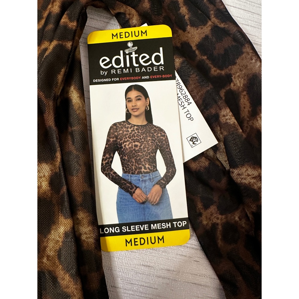 Edited by Remi Bader Womens Leopard Print Long Sleeve Mesh Top Brown Medium NEW